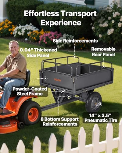 VEVOR 10 Cu.Ft. & 500lbs ATV Trailer Dump Cart Tow Behind, Heavy Duty Utility UTV Trailer, Tow Behind Steel Yard Dump Wagon Cart with 14" Tires for Lawn Mower Tractor - color: Black