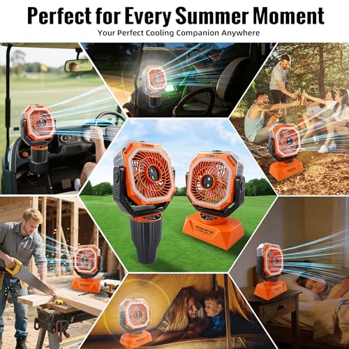 Roykaw 48Hrs Golf Cart Misting Fan, 2-in-1 Large Golf Cart Fan & Camping Fan w/ 2 Spray Modes/4 Powerful Speeds/3 Ultra-Bright LED Lights/Oscillation, with Detachable Base & Cup Holder for Golf Cart