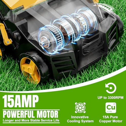 2026 Upgraded Electric Dethatcher Scarifier 16-Inch, EVEAGE 2-in-1 Lawn Dethatcher with 5-Position Depth Adjustment, 14.5-Gallon Collection Bag, Quick-Fold Lawn Scarifier for Healthy Lawn - color: yellow