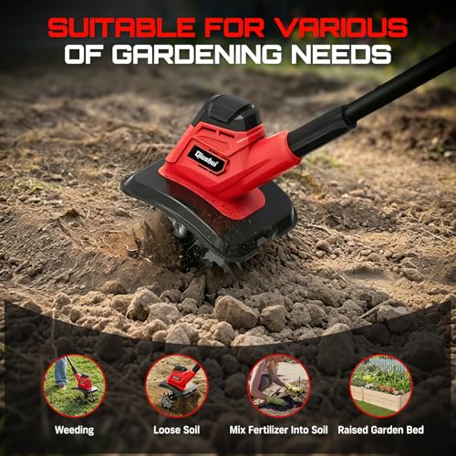 21V Cordless Tiller Cultivator, Lightweight 360RPM Electric Garden Tiller with 2 * 2.0Ah Batteries, 9" Width, 6.6" Depth, 48 Steel Tines Mini Rototiller for Weeding, Gardening & Soil Cultivation Red