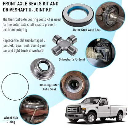Front Axle Vaccum Knuckle Seal & Hub O-Ring & Dust Seals Kit With Driveshaft U-Joint Fit For Ford F250 F350 Super Duty With Dana Super 60 (2005 to 2019) - size: Driveshaft U-Joint & Front Axle Bearing Kit