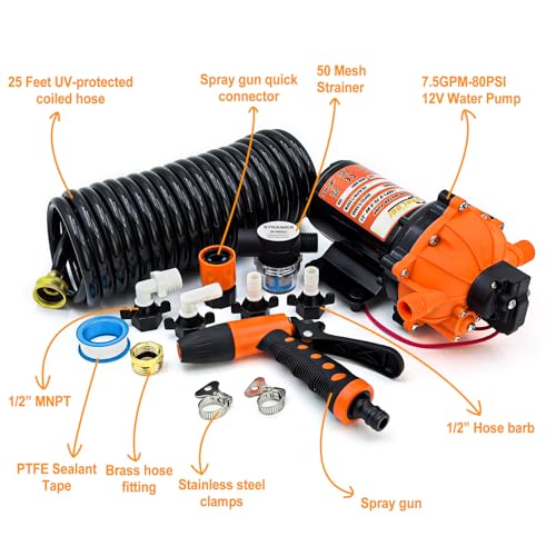 12V Washdown Pump Kit 7.5GPM 80PSI Self Priming for Marine RV Boat