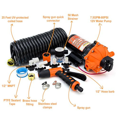 12V Washdown Pump Kit 7.5GPM 80PSI Self Priming for Marine RV Boat