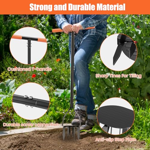 Luvenia Hand Tiller Cultivator with 5.1 Inch Deep 8 Steel Teeth, Manual Soil Tiller Garden Tool 40 Inch with Anti-Slip Pedal，Garden Claw for Weeding, Planting Aerating, Mixing Soil
