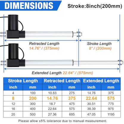 JQDML 8 Inch Stroke 1700 lbs Heavy Duty Linear Actuator 12V - size: 8"