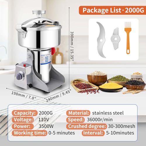 2000g Electric Grain Mill 36000r/min High-speed Grain Mill 3500W Superfine Powder Grinder Dry Grinder Machine 270° swingable Dry Material Grinding Machine 304 Stainless Steel herb grinder - size: 2000g