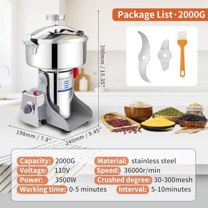 2000g Electric Grain Mill 36000r/min High-speed Grain Mill 3500W Superfine Powder Grinder Dry Grinder Machine 270° swingable Dry Material Grinding Machine 304 Stainless Steel herb grinder - size: 2000g