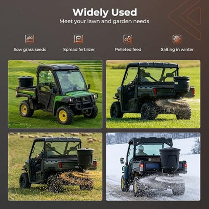UTV Broadcast Spreader Compatible with Salt Grass-Seed Fertilizer Deer Feeder-Seed and More, Adjustable Flow Gate All Season Spreader 150lb Capacity Black
