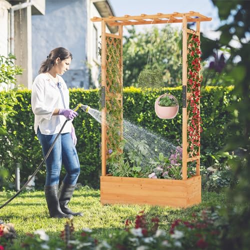 S AFSTAR 72-Inch Raised Garden Bed with Arch Trellis, Hanging Roof & Drainage Holes, Vertical Plant Container for Vine Climbing Plant Flower, Indoor Outdoor Wood Elevated Planter Box for Garden Patio - size: 43.5"L x 17.5"W x 72"H
