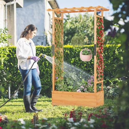 S AFSTAR 72-Inch Raised Garden Bed with Arch Trellis, Hanging Roof & Drainage Holes, Vertical Plant Container for Vine Climbing Plant Flower, Indoor Outdoor Wood Elevated Planter Box for Garden Patio - size: 43.5"L x 17.5"W x 72"H