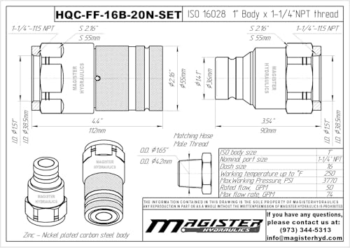 1″ Flat Face Hydraulic Quick Couplers Set - 1-1/4″ SAE Port - size: 1" Body