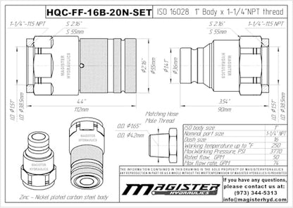 1″ Flat Face Hydraulic Quick Couplers Set - 1-1/4″ SAE Port - size: 1" Body