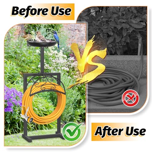 Garden Hose Holder Hanger Freestanding, Upgraded 4 Spikes Heavy Duty Storage Reel Stand with Bird Feeder Bowl, Holds 150ft Hose for Outside Garden Yard Lawn Vegetable Patch - style: Floral With bird feeder