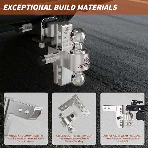 Adjustable Aluminum Hitch Mount for 2.5" Receiver, 6" Drop/Rise - size: 2" & 2.5" w/ Sleeve, 6" Drop/Rise
