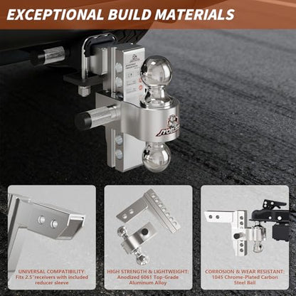 Adjustable Aluminum Hitch Mount for 2.5" Receiver, 6" Drop/Rise - size: 2" & 2.5" w/ Sleeve, 6" Drop/Rise