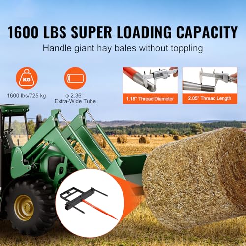 39" Hay Spear, Bale Spears 1600lbs Loading Capacity, Skid Steer Loader Tractor Bucket Attachment with 2pcs 17.5" Stabilizer Spears and 60" Chain, Quick Attach Spike Forks 1600 LBS High Load Capacity