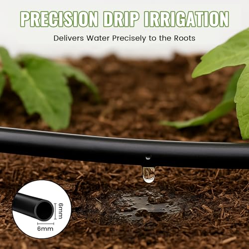 MIXC 1/4" Irrigation Dripline Tubing (200 Ft Roll), Saving 80% Water, 6" Emitter Spacing, 0.5 GPH Emitters Built-In Drip Irrigation Line with 1/4" Fittings Included, Black - size: 200FT