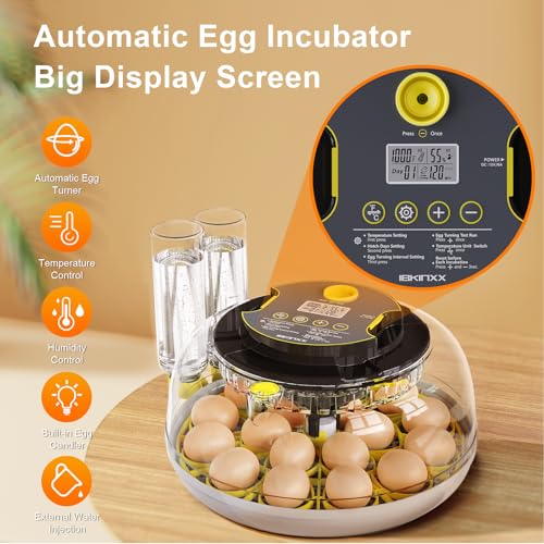 IBKINXX Incubator for Hatching Eggs-18 Egg Capacity, Newly Upgraded Automatic Egg Turner, Temperature & Humidity Control, 360° Viewing for Chicken, Duck and Quail Eggs (Black)