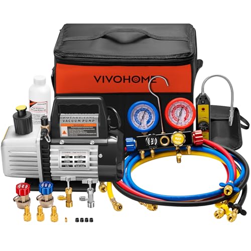VIVOHOME Upgraded 1/3 HP 4 CFM 1 Stage AC Vacuum Pump and 4 Way Gauge Set | HVAC Vacuum Pump Kit with Leak Detector 5ft Hoses for R134a R410a R12 R22 R502 Car Automotive Mini Split AC Systems - color: black, size: 4CFM