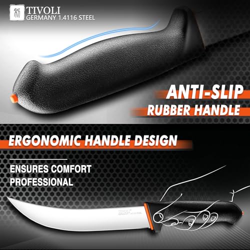 TIVOLI Butcher Knife Set 6 pcs - Game Processing Knife Set 7" Sharpener Rod - size: 10