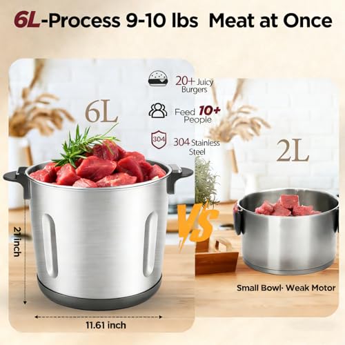 Food Processor Large Capacity,6L Electric Meat Grinder for Home,1200W Heavy Duty Food Grinder Chopper with 2 Speed& 6 Blades,Stainless Steel Bowl,Vegetable Electric Chopper for Onion, Nuts