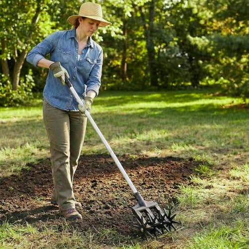 Lightweight Rotary Cultivator Garden Rotary Tiller with Anti-Slip Grip | Adjustable Steel Poles | Hand Tiller for Reseeding Grass Lawn or Soil Mixing Tiller Total Length 68.9 Inch