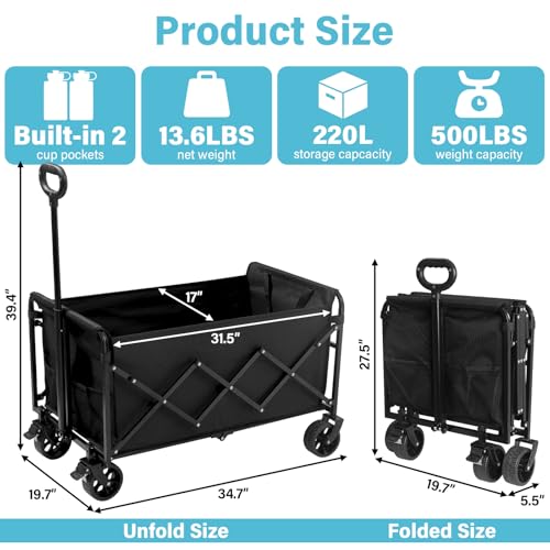 Collapsible Wagon Cart with All-Terrain Wheels - Folding Utility 500LBS Heavy Duty Wagons Carts for Grocery Sports Garden Shopping Camping Fishing (Black, 220L) - size: 500LBS