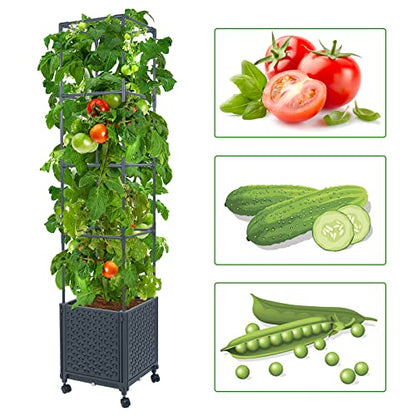 LINEX Raised Garden Bed Planter Box with Trellis, 56.7” Tomato Planters for Climbing Plants Vegetable Vine Flowers Outdoor Patio, Tomatoes Cage w/Self-Watering & Wheels - size: 12.4*12.4*56.7 inch