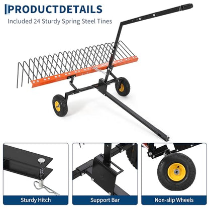 60 Inch Tow Behind Lawn Dethatcher, Tow Behind Steel Pine Straw Rake - color: Orange