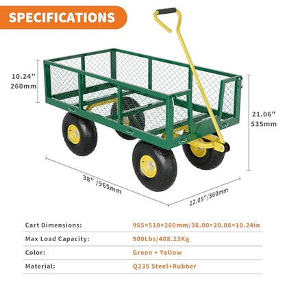 Heavy Duty 900 Lbs Capacity Mesh Steel Garden Cart Folding Utility Wagon with Removable Sides & 180° Rotating Handle for Garden, Lawn, Warehouse, Farm - color: 900lbs Green + Yellow