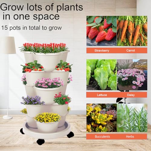 5-Tier Vertical Garden Tower Stackable Planter for Strawberries, Flowers, Vegetables & Herbs Beige - color: Beige, size: 1 Pack