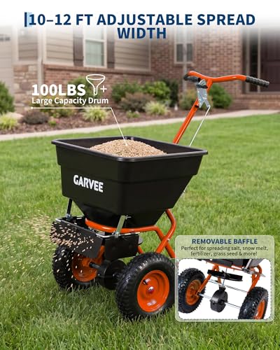 Garvee 100LBS Push Lawn Spreader, Broadcast Spreader with Hopper Grate - color: 100LB+Orange