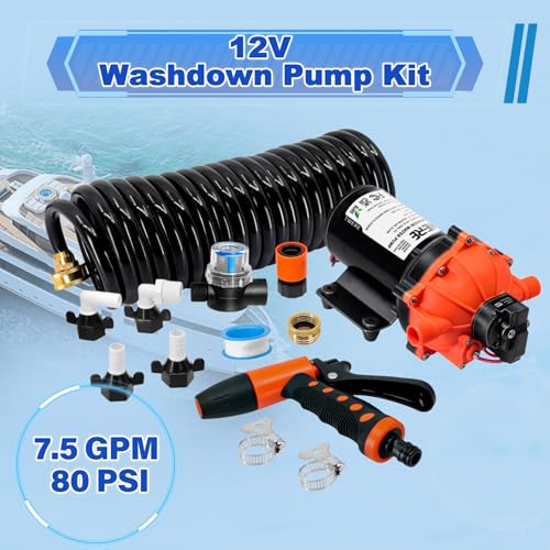7.5 GPM 80 PSI Washdown Deck Wash Pump Kit, 12V Marine Washdown Pump Kit with Strainer and Pressure Switch for RV,Boat,Sprayer,Travel Trailers,and Yacht -Freshwater Saltwater - color: Orange