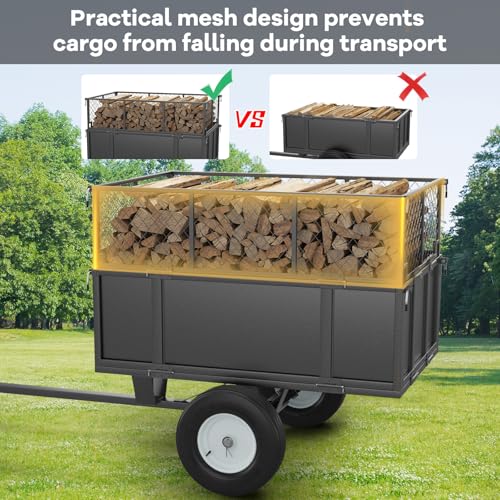 Garden Utility Trailer, 750 Lbs Heavy Duty Tow Behind Dump Cart 17 Cu.ft Steel Lawn Trailer with Foldable Mesh Fence, Universal Hitch Yard Trailer for Lawn Mower Tractor ATV UTV