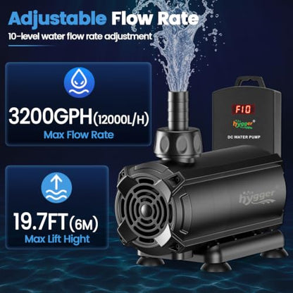 hygger Submersible Pump 3200GPH, 80W Water Fountain Pump With Controller - size: 3200GPH 80W