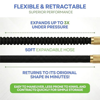 J&B XpandaHose 50ft Expandable Garden Hose, Lightweight, Brass Connectors - color: Black, size: 50ft
