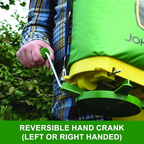 John Deere 25 lb Handheld Bag Seeder Spreader with Waterproof Bag, Enclosed Gears, Adjustable Shoulder Strap, Rear Baffle