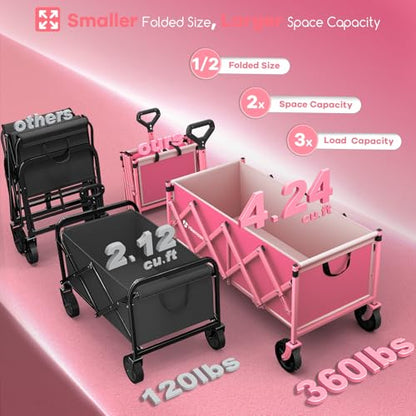HIKEMOON 34'' Extra Long Folding Portable Wagon Cart, 120L 360LBS Pink - color: Pink