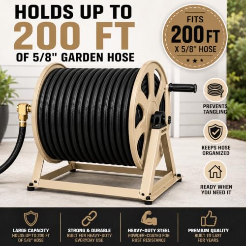 Dual Floor and Wall Mounted Garden Hose Reel, Holds 200ft of Water Hose, Heavy Duty Metal Hose Reel, Space Saving Hose Reel Organizer for Yard, Garage & Shed - color: Tan