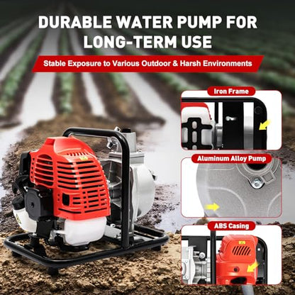 1400W Gas Powered Water Pump 1 inch High Pressure Water Pump 40.2CC 2 Stroke Gasoline Engine Water Pump, Lift 98ft Suction 23ft Speed 6500r/min Agricultural Irrigation Water Pump 282.5ft³/H Flow Rate