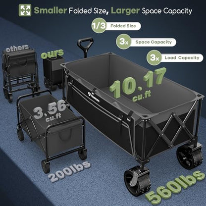 HIKEMOON 48'' Extra Large Collapsible Wagon, Big Wheels, 300L Grey & Black - color: Grey & Black