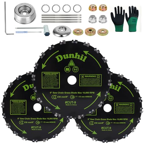Dunhil 3 Pack 9" x 20T Chainsaw Tooth Brush Blades - Meatl Weed Eater Saw Blade Kit with 4 Carbon Steel Round Chainsaw Blades, 4 Round Files, and 4 Washers for Brush Cutters, String Trimmers - size: 3 Pack 9 inch