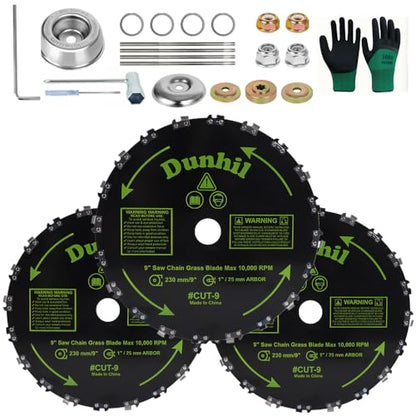 Dunhil 3 Pack 9" x 20T Chainsaw Tooth Brush Blades - Meatl Weed Eater Saw Blade Kit with 4 Carbon Steel Round Chainsaw Blades, 4 Round Files, and 4 Washers for Brush Cutters, String Trimmers - size: 3 Pack 9 inch