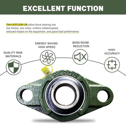 2 Pcs of UCFL208-24 Pillow Block Bearing Flange Mounted Pillow Block Bearings - Chrome Steel Bearings with 1-1/2" Bore - size: UCFL208-24-2Pcs