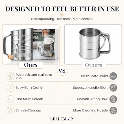 Bellemain Stainless Steel Flour Sifter for Baking with Hand Crank - 5 Cup - size: 5 Cup