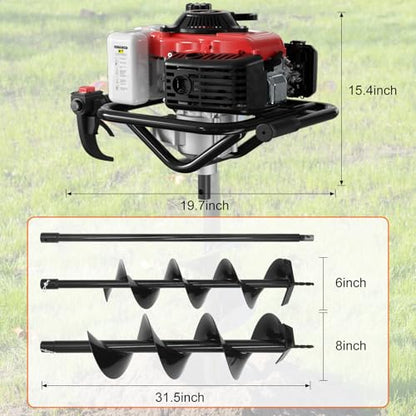 78CC Gas Powered Post Hole Digger, 4 Stroke Auger with 6&8 Inch Bits - color: Red 78cc+2 Auger(6"/8")
