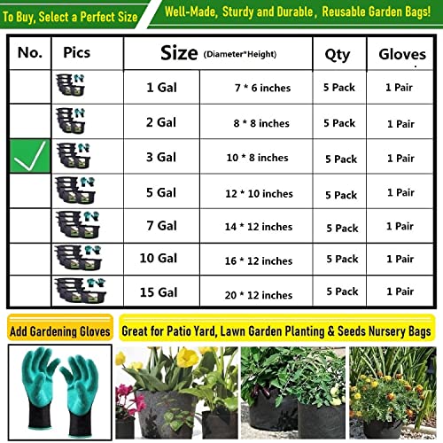 5-Pack 3 Gallon Thickened Nursery Bags Plant Grow Bags (10x8 in) Fabric Plant Pots Garden Bag for Flower Pot,Herbs Veggies Planter Bag,Garden Pots,Barrel Planters,Plant Container with Gardening Gloves - size: 3 Gallon (10x8 inches)