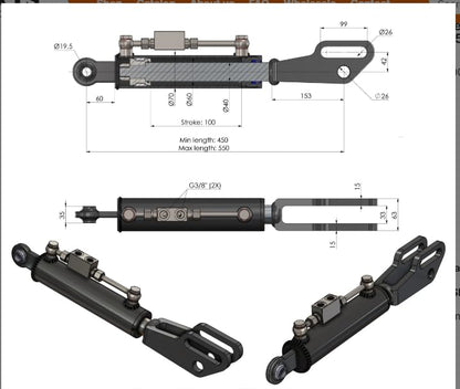 Spare Parts Holland Hydraulic Side Link 2.36"/1.57" – 3.94" Stroke – Min Length 17.7", Max Length 21.7" – With Locking Valve and 33.5" Hoses – Black Painted – Fits Tractors - size: Min-Max: 17-3/4" , 21-5/8"