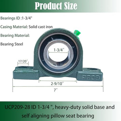 2 Pack UCP209-28 Pillow Block Bearing - 1-3/4" Mounted Pillow Block Bearings Solid Cast Iron Base - Self Alignment (209) - style: UCP209-28