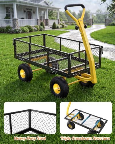 Firstness 900Lbs Metal Garden Wagon Cart Large Garden Cart on Wheels, Black - color: Black, size: Updated 900 Lbs